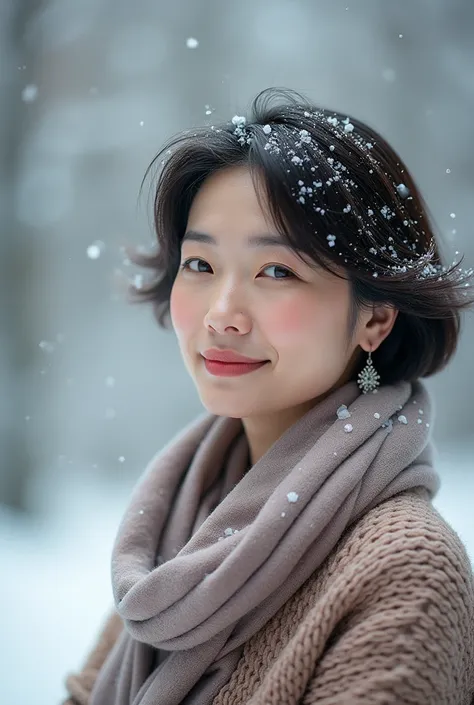 Beautiful Korean woman in her 50s  (  charming gaze  ),  natural skin texture,  Short Mid-length Hair  , Soft luxury sweater in pastel tones , Im wearing scarves around my shoulders and neck. Snowy winter landscape. The face of a middle-aged woman in her 5...