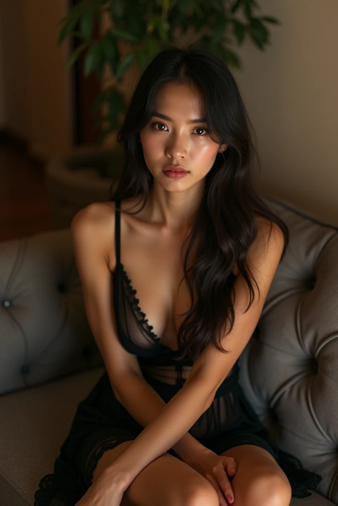 Casual photo, very beautiful indonesian woman, laying on the sofa, looking at the camera, wearing black transparent dress, sensual pose, slightly rim lighting, realistic, random background, 