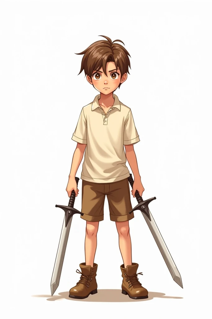  Create a boy with brown hair, wearing a cream polo ,  brown shorts and brown boots ,  of swords to the camera ,  focusing on full body , fondo blanco, Drawing