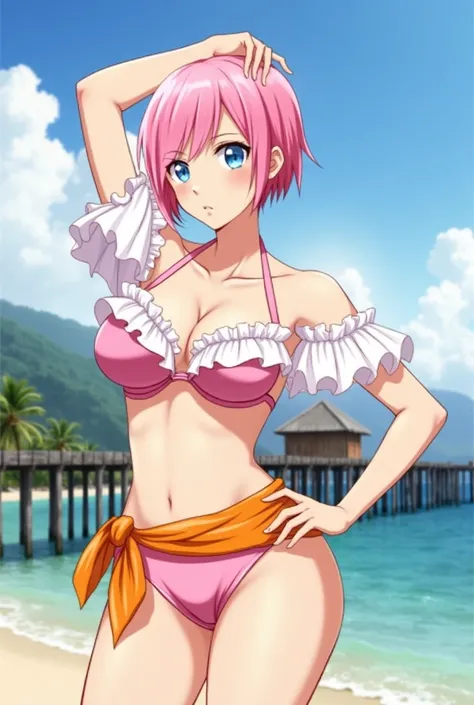 Adult woman with short pink hair and blue eyes .  She is wearing a pink bikini with white ruffles and an orange sarong tied around the waist. her breasts are large.  The background is a tropical beach with a blue ocean and a pier in the background .  The g...