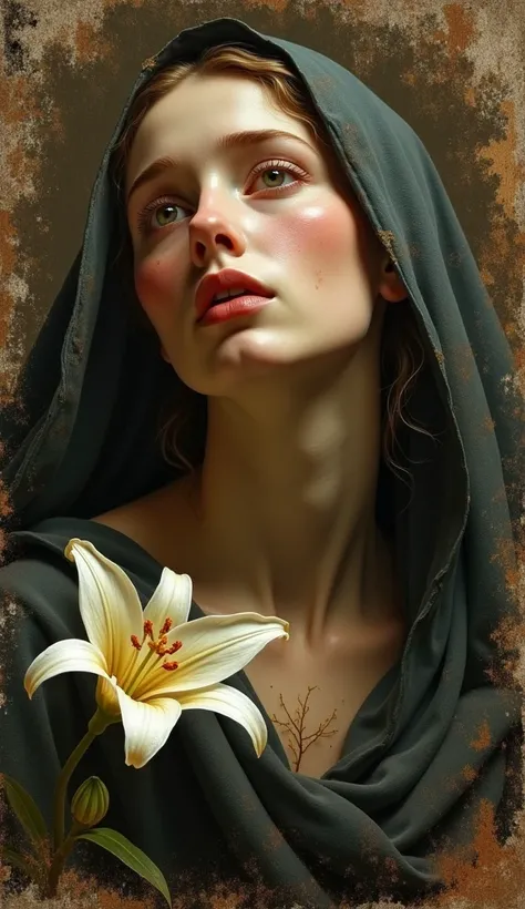 Virgin Mary。old frescoes by Rembrandt。 looking at the camera。 Im dyeing my cheeks。 with their neck slanted 。Lily flower。 has weathered and faded。It&#39;s peeling off in places。 cracked