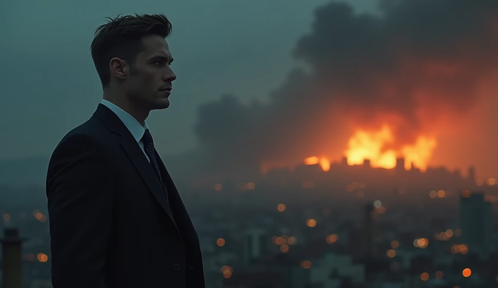 A mysterious figure stands alone on a dark, stormy horizon, dressed in a tailored black suit, mid-40s, Caucasian male, with sharp features, short dark hair, and piercing blue eyes, gazing toward a distant city in flames —ar 16:9.