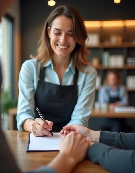 A bright, modern commercial setting with a soft bokeh effect in the background. A person behind a counter, wearing a professional uniform, is writing on a sales note or invoice pad. The scene includes a customer being attended to, but both the customer and...