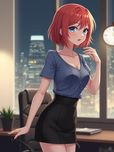  Adult woman with short red hair and blue eyes .  She wears a short-sleeved blue blouse and a black miniskirt. Her expression is sweet and somewhat flirty .  The background is a night city seen from a window .  The girl seems to be in an office or similar ...