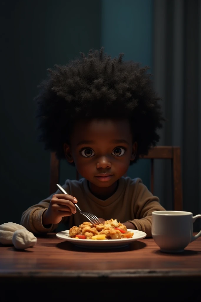 Make a black kid with afro hair eating breakfast in dark style 
