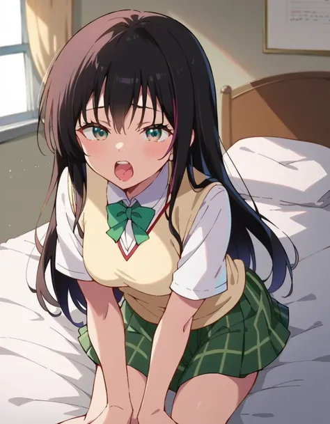 anime girl with green eyes and a green bow tie sitting on a bed, anime moe artstyle, seductive anime girl, realistic schoolgirl, naughty expression, beautiful anime high school girl, ecchi anime style, cute anime girl, hyperrealistic schoolgirl, a hyperrea...