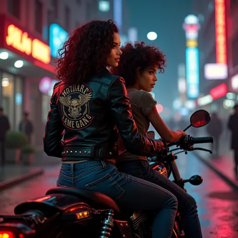 Brunette softly curly 21 yo girl as brave streetgirl at scum-like neoghborhood taking her younger teenage sister on her motorcycle. Main girl wears leather studded biker gang clothing with logo at the back. The younger sister is curlier and wears acurate t...