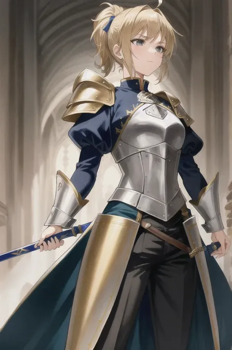  tall blond ponytail 、White long sleeve top（ Saber classics with ribbons and frills ）、 Light armor-like shoulder rests and metallic chest decorations 、 combat skirt （ slits for easy movement ） or fitted pants style 、 Gold lines and emblem embroidery create...