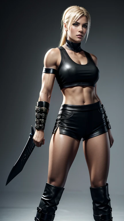  High resolution,  masterpiece , quality, inspired by Sonya Blade, Mortal Kombat 1, black clothing, black shorts, blonde hair,  Blue Eyes.