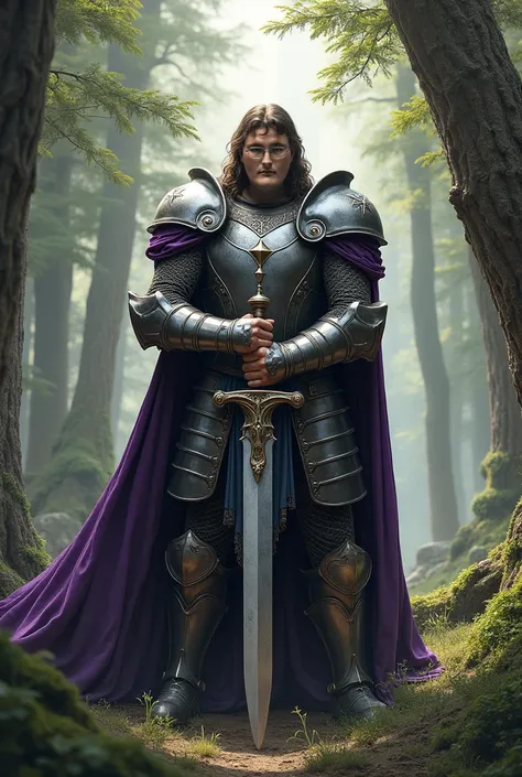 The character would look very strong with his face exposed without glasses and without a beard ,  he would have a medieval male face and hair and a giant medieval armor with bright purple details , , would carry a giant sword in his hands and would be in a...