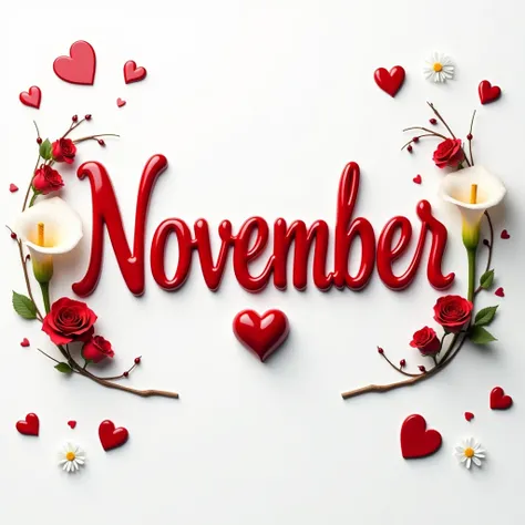 ‎A striking 3D rendering of the name "NOVEMBER" in a gorgeous red ceramic font. Each letter is intricately detailed, exuding elegance and grace. The font is enhanced with a small red ceramic heart underneath that shows the bond of love. Delicate curved mot...