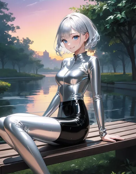 (( Metallic Silver Bodysuit)), (( cropped jacket )), (( Black High Waist Pants )), (( shiny material)), (( skintation)),  toned body , ((Alone)),  lonely atmosphere , Artistic composition,  high image quality, 16K resolution, Fantastic,  Ultra High Definit...