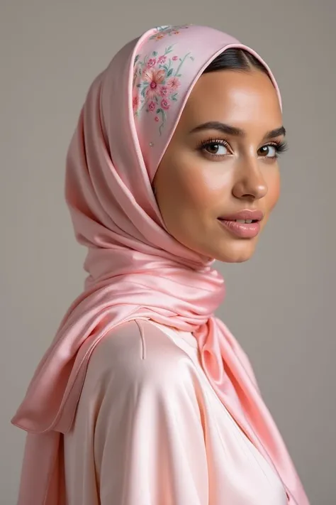 The Muslim American  very Fair skin woman on the right is wearing  baby pink floral pattern silk Gucci scarf, full pull to the back like turban style, wearing small  diamond earing. And the long pastel pink Abaya slim cut long dripping to the floor