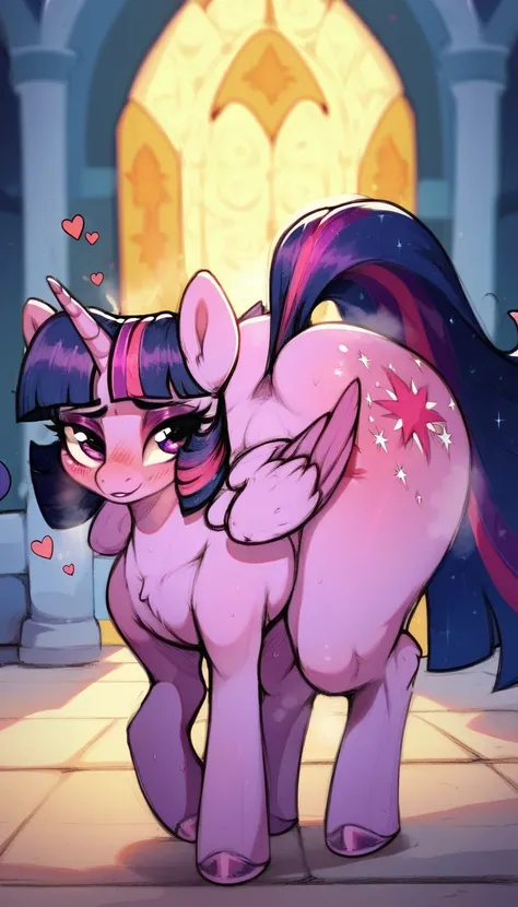 My little pony, mare, hooves, thick thighs, wide hips, princess twilight sparkles, standing on all fours, small wings, in heat, castle, blush, hearts around 