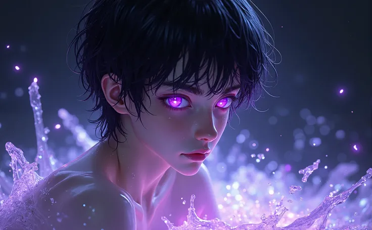 The image shows a younger man with delicate, androgynous features. The person has pale and smooth skin watching at us, with a serene and dreamy expression. His eyes are an intense and bright purple, with a look that seems lost in deep thoughts. The boy hai...