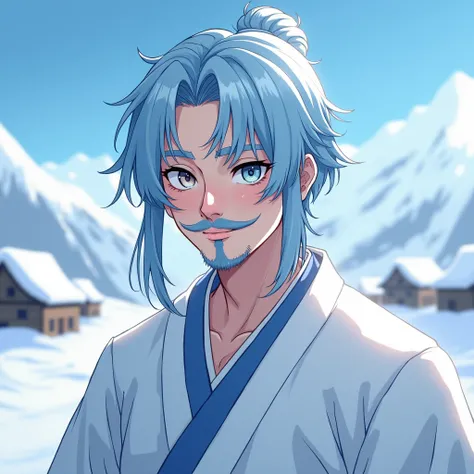  make a illustration of a man with goatee and mustache with ends curled up ,  he has heterochromia in his eyes  ( ou seja  his eyes have different colors )  his eyes have different colors  ,  he is wearing a white kimono with blue details ,  he has a mediu...