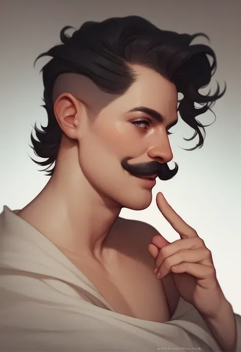 medieval fantasy style.  A man with black hair shaved on the side, bigode mustache. He is naked, exposed and erect penis