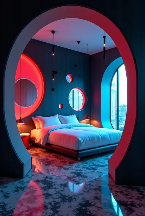 Floating in A dreamy, Bauhaus-inspired hotel room, subtly tucked away yet mysterious. The design features bold red and blue colors, accented by black and white geometric patterns. The desk area is surrounded by whimsical, circular cutouts in the walls, and...