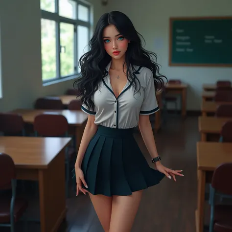  beautiful woman ,time,classroom,Indonesian high school uniform, black long hair,blue eyes, black shoes ,  big boobs .