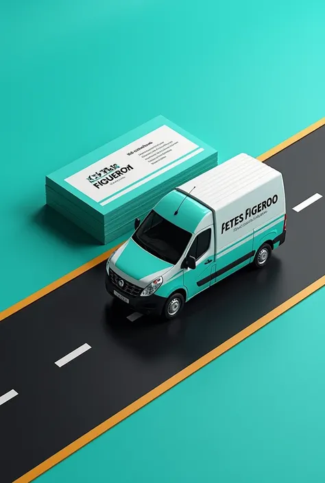  Makes a business card to hand deliver,  using the vehicle in the image without altering its shape , van,  that says Fletes Figueroa with a contact number 11-5869-2105 ,  I want it to be original and striking , with turquoise colors ,  black and white .