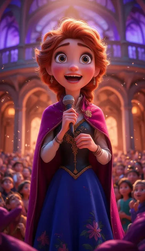 Anna from frozen with a microphone