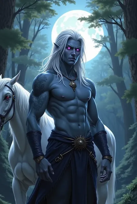  character from DnD, a male Drow ,  gray skin in a shade of blue , purple eyes,  White hair, shirtless, wearing earrings and ear piercings ,  with tattoo on the arms under the moonlight in a forest with a white horse 