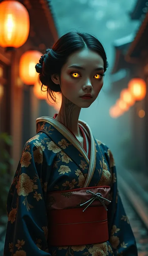 The image depicts a female figure in a traditional Japanese nighttime setting. The woman has completely yellow eyes. The woman is dressed in an ornate kimono, characteristic of Japanese culture, with detailed prints and a red obi. The environment resembles...