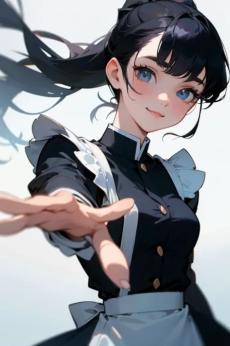 (     highest resolution,   clear  _image)、(      top quality).single, One woman, Alone,   Masterpiece  , ((     ponytail)). semi-realistic ,        black hair のショートヘア,        black hair , bangs, 18 years old,   mature, light blue uniform, uniform,  kind, ...