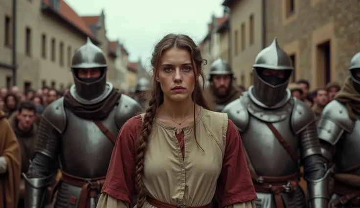  Joan of Arc,  with firm and decisive eyes ,  are led by two soldiers English people through the narrow streets of a medieval city.  She is dressed in simple and stained clothes , Her hands are tied ,  and her expression is one of dignity ,  despite the de...