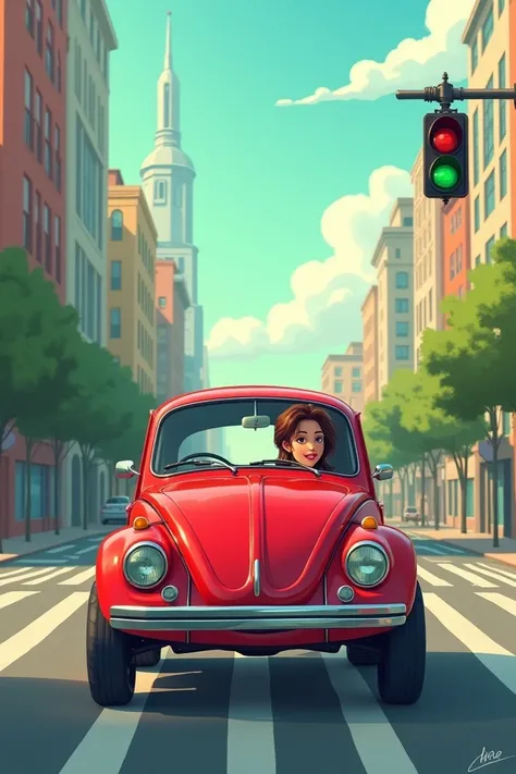 Lili drives her red car and sees that the traffic light is green and there is no traffic jam 