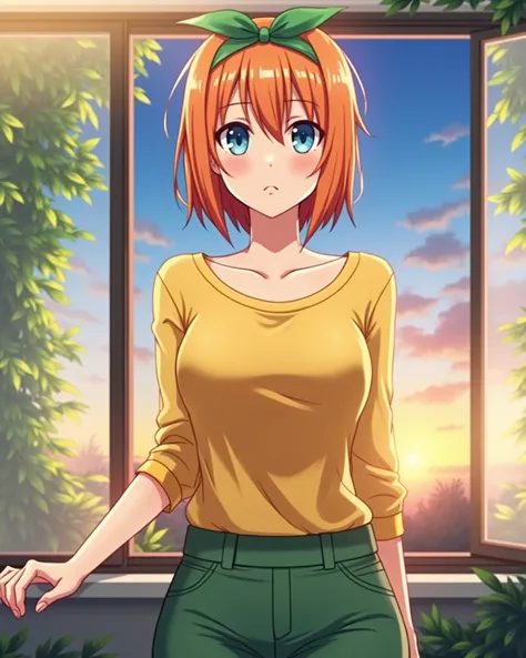  An adult woman has short, orange hair with a green ribbon on her head.  Her eyes are large and expressive blue .  She wears a tight yellow shirt and dark green pants . Her bust is prominent .  The background shows a window with a view of the sunset , with...