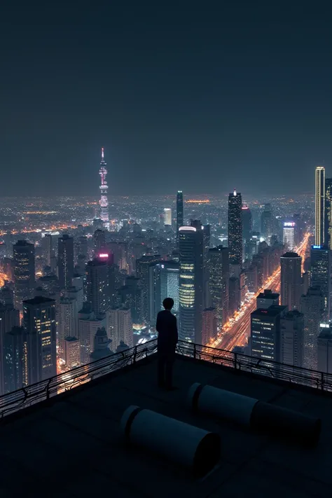 Night shot at the top of a building with bright lights of a city in the distance