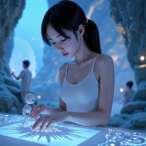 Beautiful female, Young face, Japanese female, white pale skin, small cup-a chests, Wearing Tanktop, short pants, doing puzzles in cybernetic cave, with robot pawn,