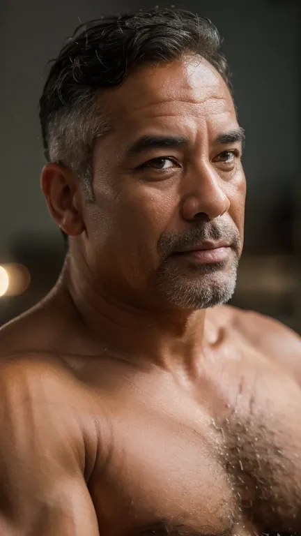 (best quality,4k,8k,highres,masterpiece:1.2),ultra-detailed,(realistic,photorealistic,photo-realistic:1.37),full body portrait,middle-aged man,asian,brown,chubby,muscular,50 years old,father,dadbod,shirtless,hairy chest and abs, smart professor,detailed ey...