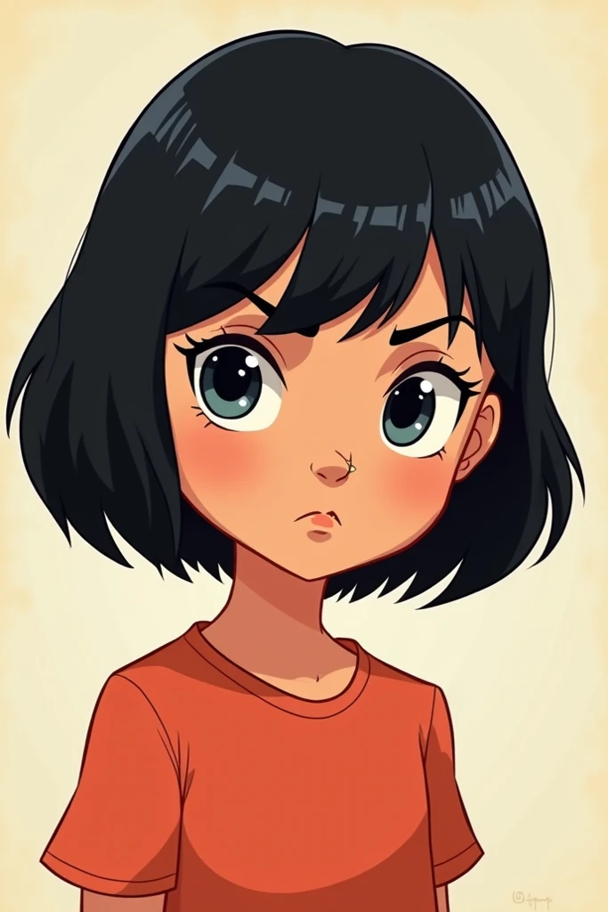 Disney cartoon cover , Girl with short hair and bangs with a ring on her nose serious face
