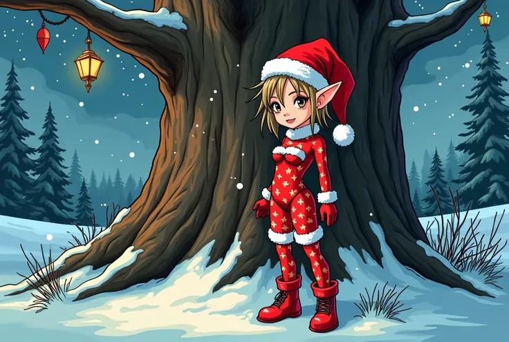 Very detailed cell-shading comic-style toon, short adult female Christmas elf beauty doll, revealing outfit showing slim body in front of big coniferous tree adorned with Christmas decor, snow woods in the Twilight of dusk in Scandinavia 