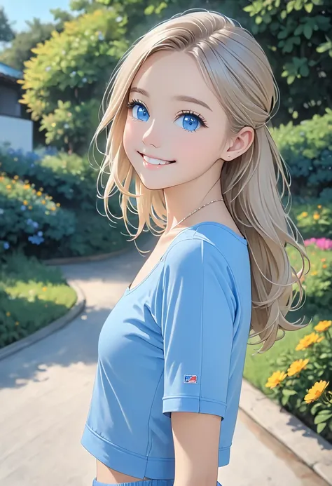 innocent girl, wearing cute blue top, portrait, , big ass, skinny waist, instagram model, beautiful,  cute smile , blond girl, 18 year old, blue eyes, full body visible