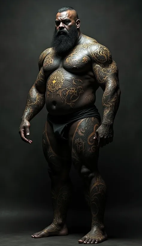 Create a full body photorealistic of a huge stocky bulky muscular hairy black man, extremely detailed face and body, his body from head to toe is fully tattoes in silver and gold mantras, full cryptic tattoes, nightmarish expression, lucid dream, eerie, cr...