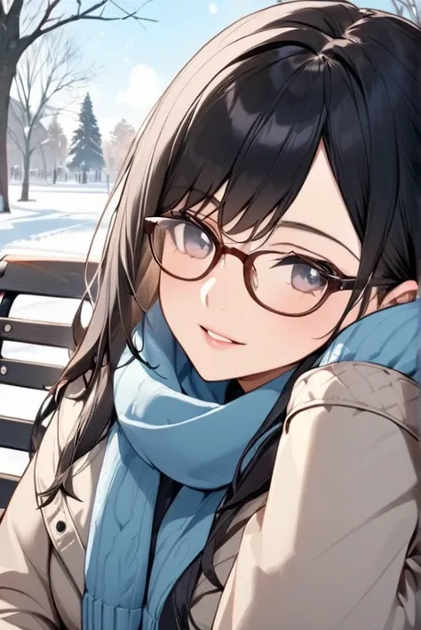  black hair , Glasses, Winter clothes, Winter Park,  park bench, Woman taking a break on a bench、（（ facing the front ））