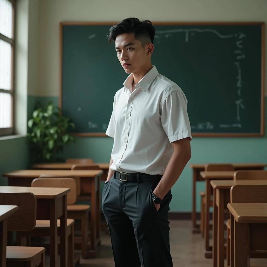 Handsome man,time,classroom,Indonesian high school uniform, black  hair,blue eyes, black shoes ,  groan.