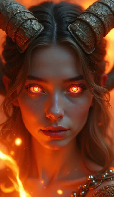 "Close-up of a mystical Aries woman, her luminous eyes glowing in shades of red and gold, framed by a fiery atmosphere and delicate ram horns emerging gracefully from her head."
