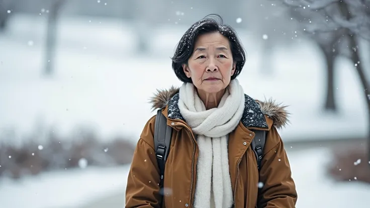  A beautiful Korean woman in her 50s .  Short Mid-length Hair .  White snow is falling . Snow falls on the head . Im walking along a snowy park path. Mustard Landscape.  middle-aged woman who looks older. I have a few wrinkles on my face .  Its a bit faint...