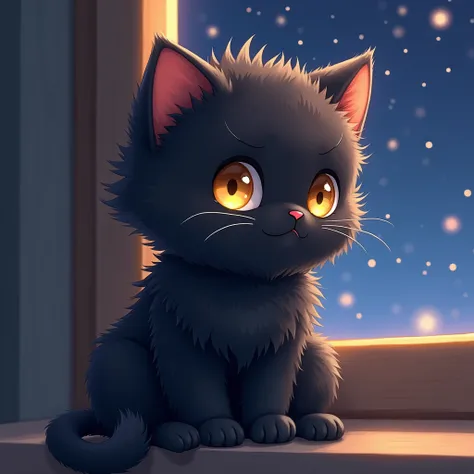 masterpiese, Best Quality, Very detailed, anime style , source_anime , Black kitten, fluffy, very cute appearance, golden eyes, innocent expression, spoiled face, sparkling effects, sitting next to the window, night sky visible beyond the window,