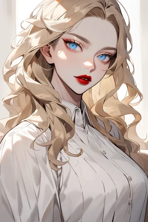 White-skinned woman,  long wavy blonde hair,  red lips and blue eyes