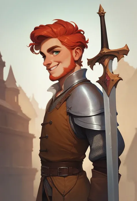  A young man with red hair and a beard growing.  Hes strong for his age .  He has thick eyebrows . Hes standing up , with a smile.  He holds a sword down .  Hes wearing only a thong . medieval, fantasy art. Side view.