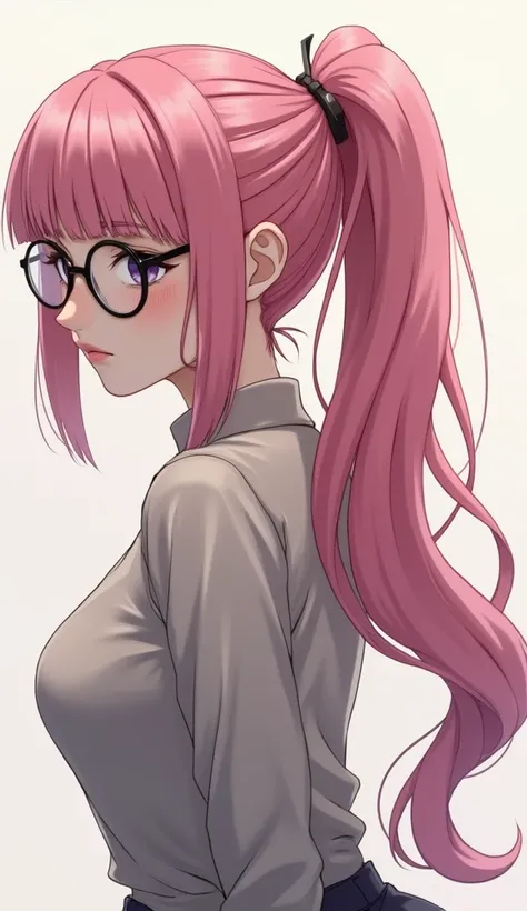 Masterpiece, top quality, highly detailed, Beautiful mature girl wearing black round frame glasses, (Long pink hair ponytail with bangs, Photorealistic style:1.6),

 simple background ,  back view, The crouched 