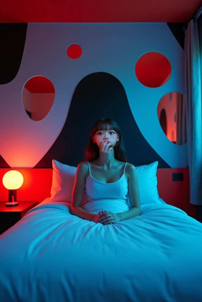 frontal bust shot of a girl in A dreamy, Bauhaus-inspired hotel room, subtly tucked away yet mysterious. The design features bold red and blue colors, accented by black and white geometric patterns. The desk area is surrounded by whimsical, circular cutout...