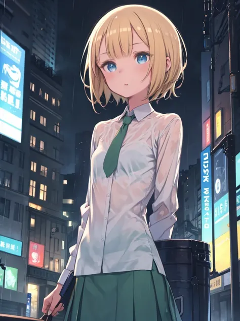  1 girl , Blonde,  shorthair,  blue eyes,  white shirt,  green tie,   Green Skirt  , city, rain,  detailed background 