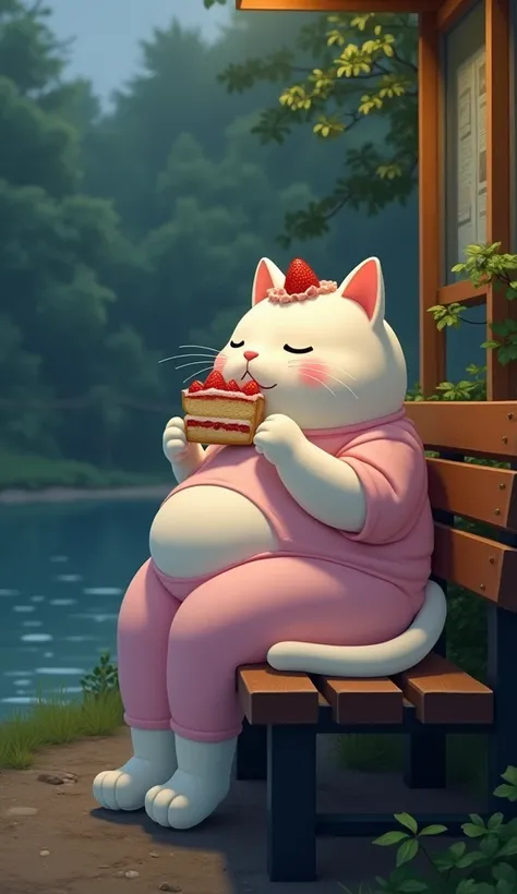 (( A super fat, plump white cat sitting on a bus stop bench on a dim forest path eating strawberry cake deliciously)),((Realistic live action)), There is a lake surface in the foreground and fishing facing the front with a fishing line hanging from the lan...