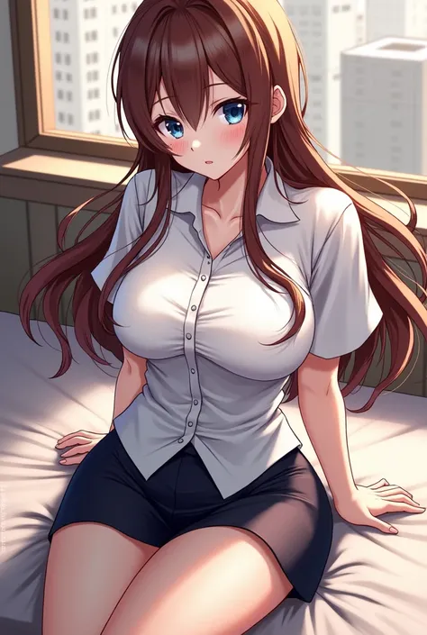  Adult woman has long brown hair ,  blue eyes ,  she wears a white button-down shirt and a dark skirt. has big boobs.  The background shows a window that lets in light , with a partially visible cityscape .